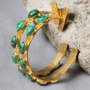 18k Gold Plated Massive Genuine Malachite Artisan Hoop Earrings